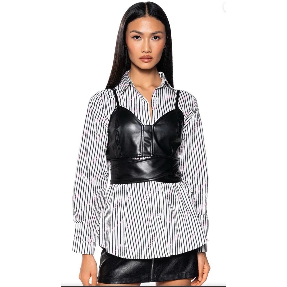 Akira Not yours faux leather bralette‎ layering button down top size SM